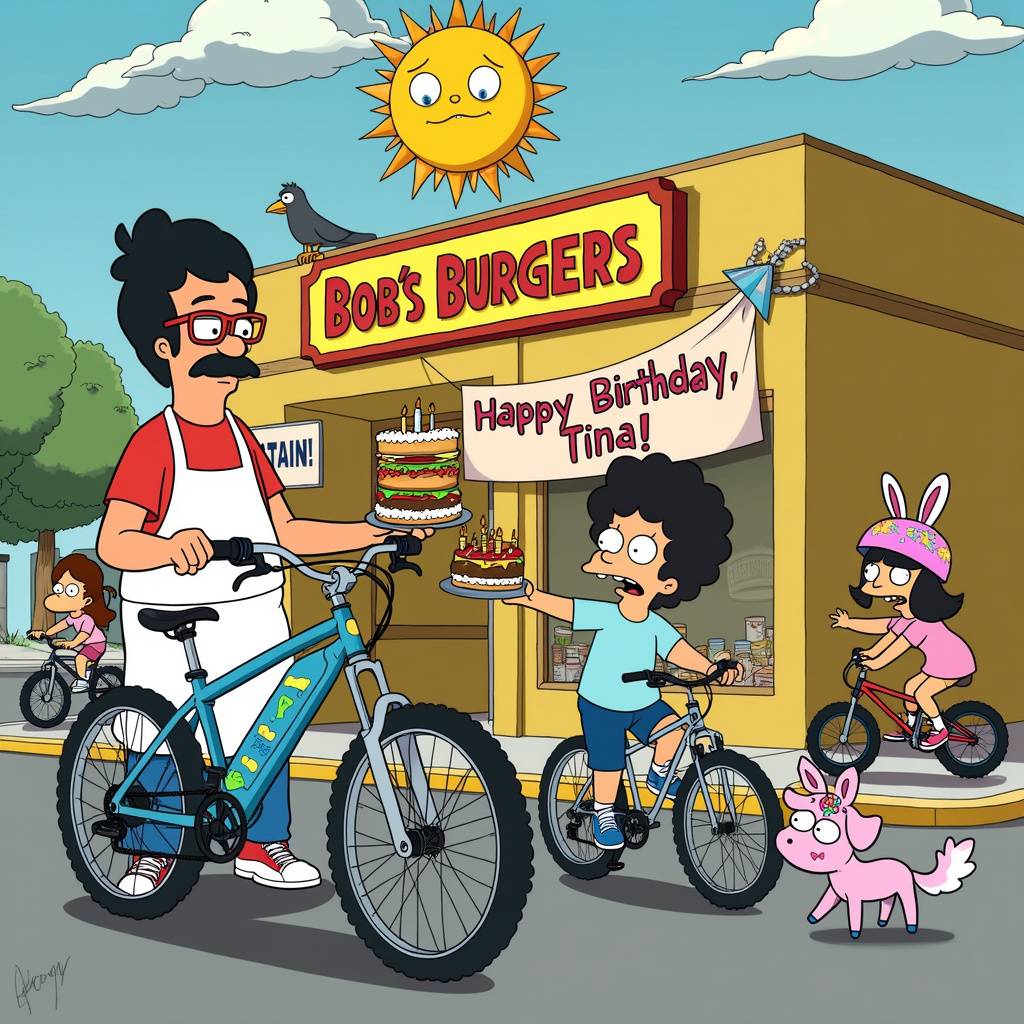 1) Birthday AI Generated Card - Bob's Burgers, and Mountain Bikes (b0b48)