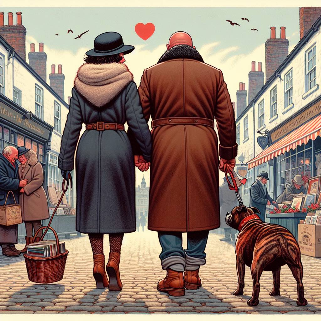 1) Valentines-day AI Generated Card - The back of a white British couple. middle aged, late 50s. bald headed man, slim build. Brunette shoulder length hair lady, overweight. wearing coats and boots., Walking holding hands, with a brindle Staffordshire bull terrier on a lead, English market town, Buying vinyl records, Love, and Happy Valentine's (18adc)