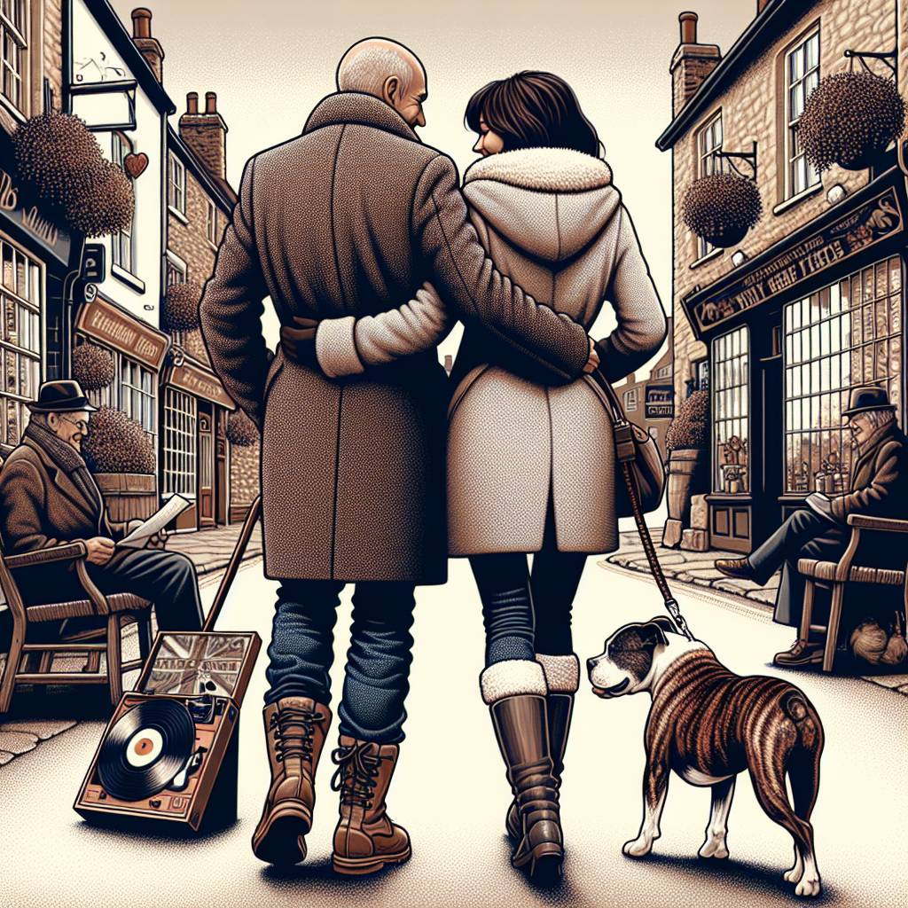 2) Valentines-day AI Generated Card - The back of a white British couple. middle aged, late 50s. bald headed man, slim build. Brunette shoulder length hair lady, overweight. wearing coats and boots., Walking holding hands, with a brindle Staffordshire bull terrier on a lead, English market town, Buying vinyl records, Love, and Happy Valentine's (4f3dc)