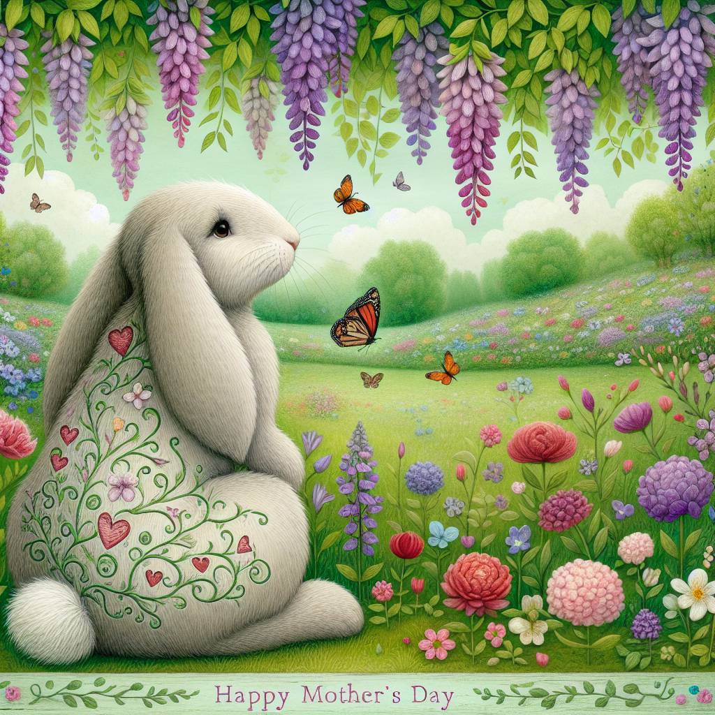 1) Mothers-day AI Generated Card - Butterfly, Ladybird , Rabbit , Wisteria , Flowers , and Hearts (3cf47)