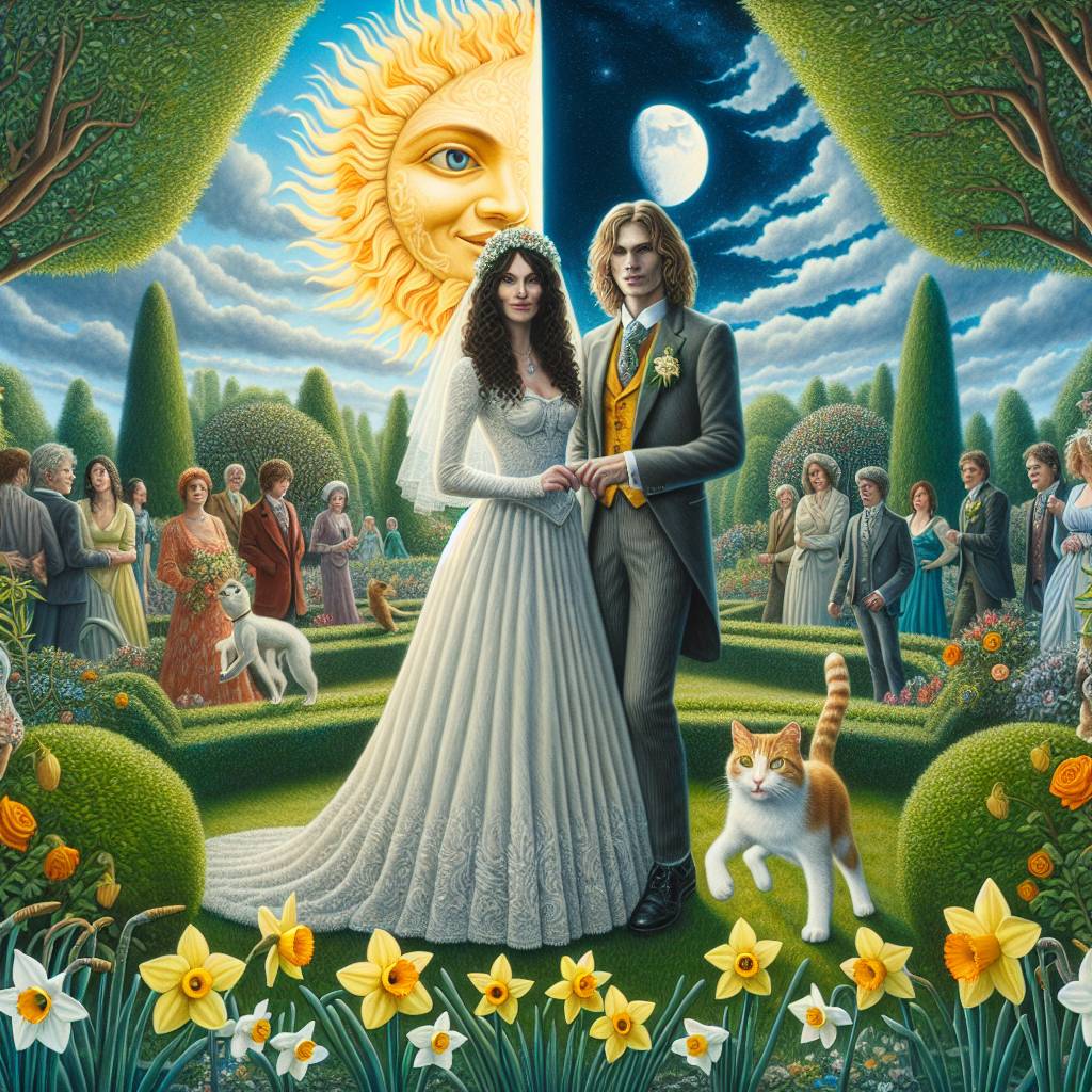 1) Wedding AI Generated Card - Sun and moon, Dark curly haired bride, Long haired blonde groom , Ginger and white cat , Daffodils , and Garden wedding  (d3390)