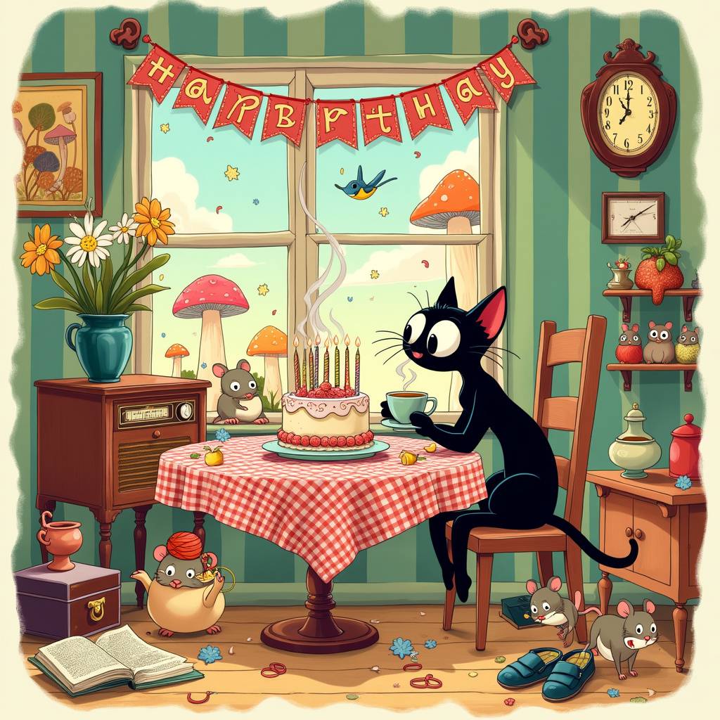 2) Birthday AI Generated Card - black cat drinking cup of tea  (d57a1)