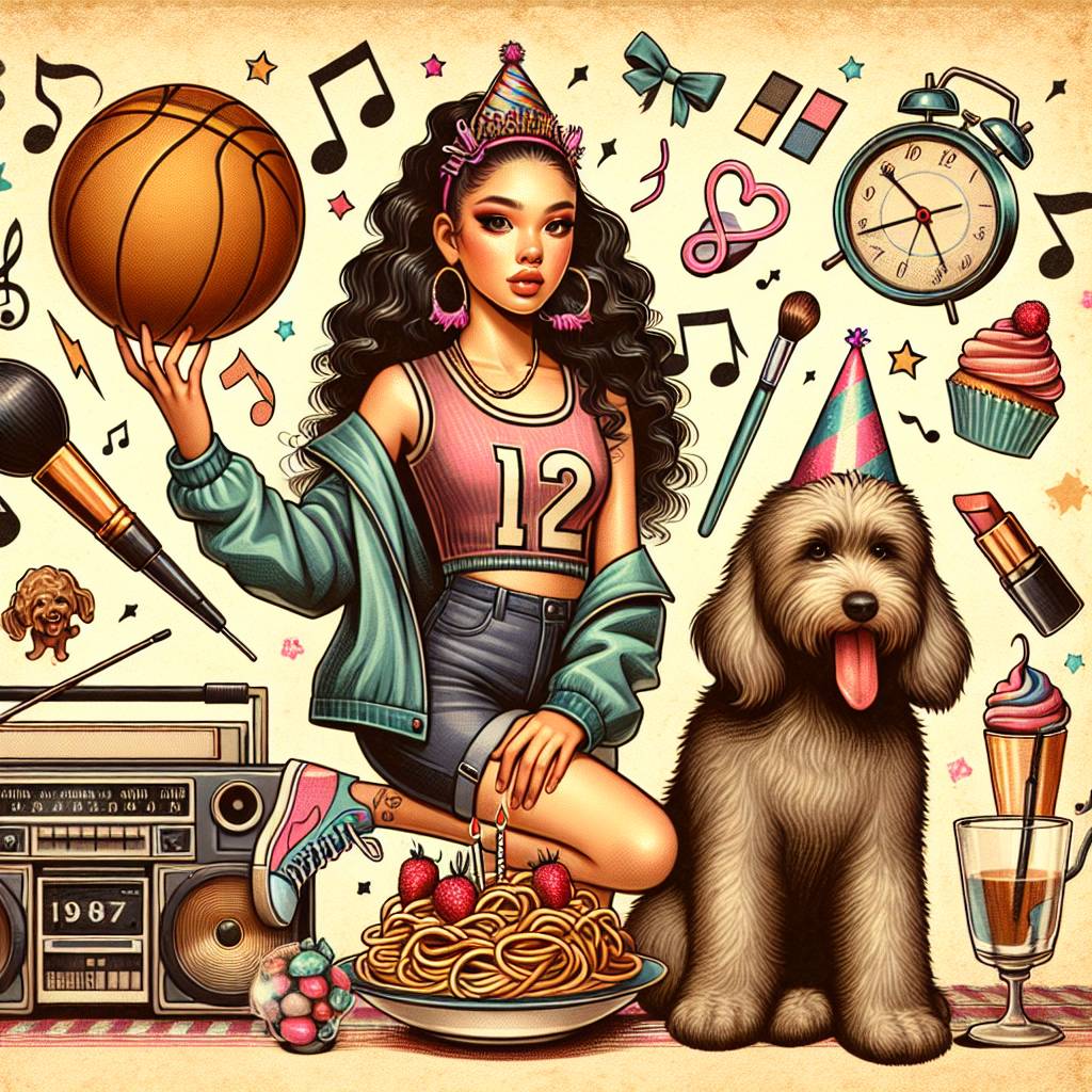 1) Birthday AI Generated Card - Sweet sixteen, Fashion, Make up, Netball, Pasta, Rap music, and Labradoodle (9f48b)