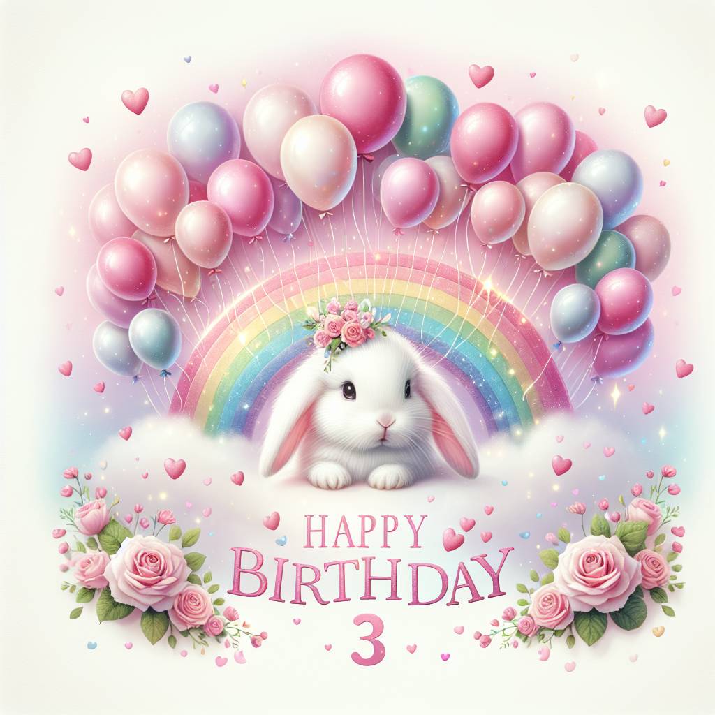 1) Birthday AI Generated Card - White bunny , Happy 3rd Birthday, Rainbow, Hearts , Pink balloons, and Pink roses  (c2832)