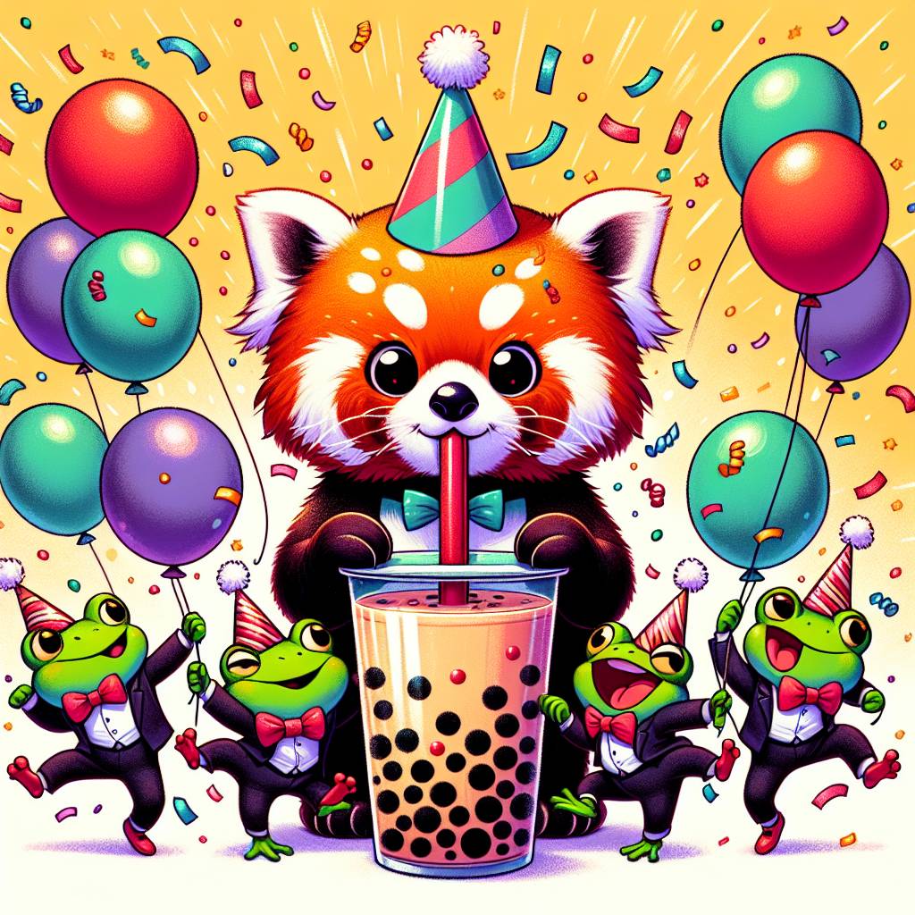 1) Birthday AI Generated Card - Red panda, Boba tea, Frog, and Tap dancing (172b6)