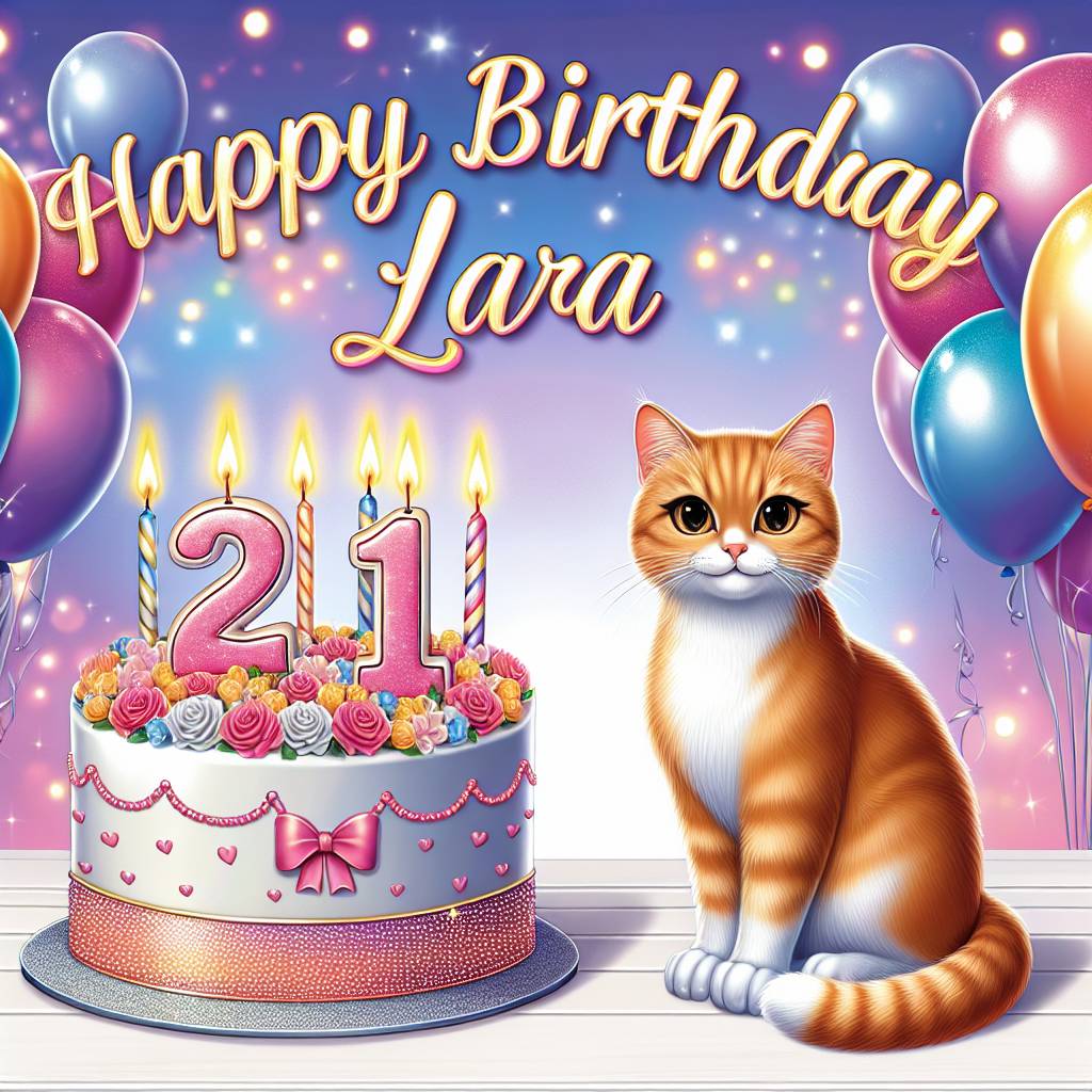 1) Birthday AI Generated Card - A fully ginger domestic shorthair cat sat next to a birthday cake. The birthday cake has the number 21 on top of the cake. There are candles on top of the cake. Above the cat and cake reads Happy Birthday Lara. There are balloons in the background, and the colour theme is pink, purple, blue with glitter. Make sure you double check for spelling errors. Make sure you check for an errors in the design. Make sure you check for any font errors. (66df4)
