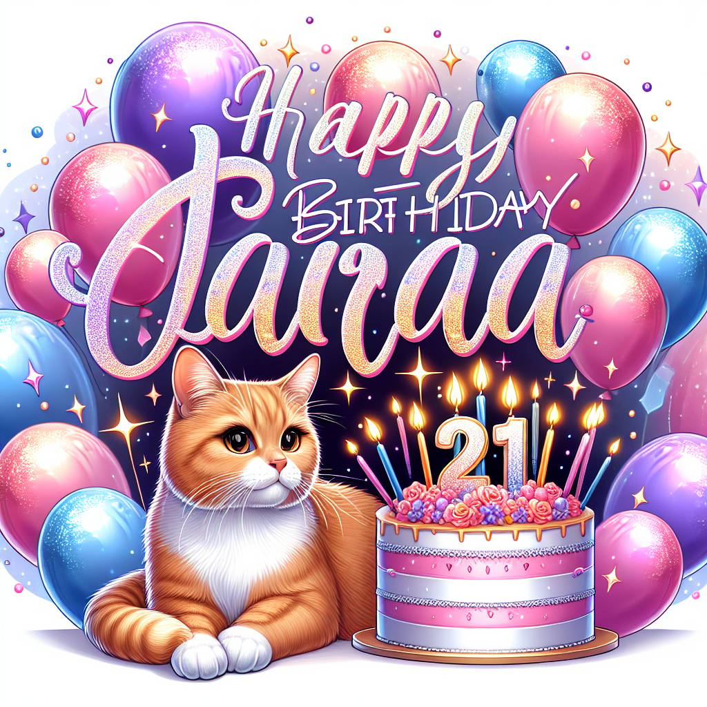 2) Birthday AI Generated Card - A fully ginger domestic shorthair cat sat next to a birthday cake. The birthday cake has the number 21 on top of the cake. There are candles on top of the cake. Above the cat and cake reads Happy Birthday Lara. There are balloons in the background, and the colour theme is pink, purple, blue with glitter. Make sure you double check for spelling errors. Make sure you check for an errors in the design. Make sure you check for any font errors. (0c8db)
