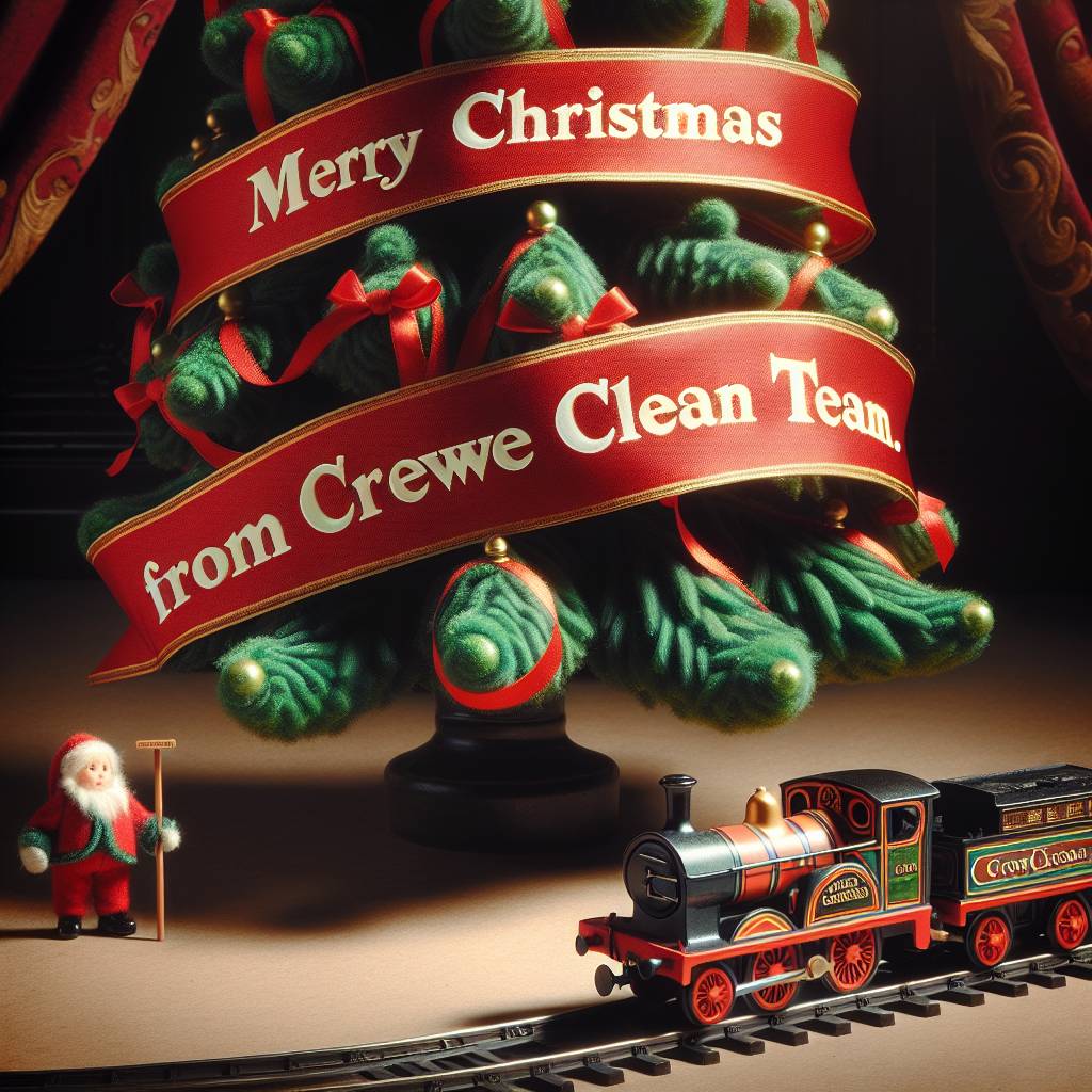 2) Christmas AI Generated Card - Victorian Christmas Tree, Red Ribbon with "Merry Christmas from Crewe Clean Team" written on it, and Toy train (8b313)})