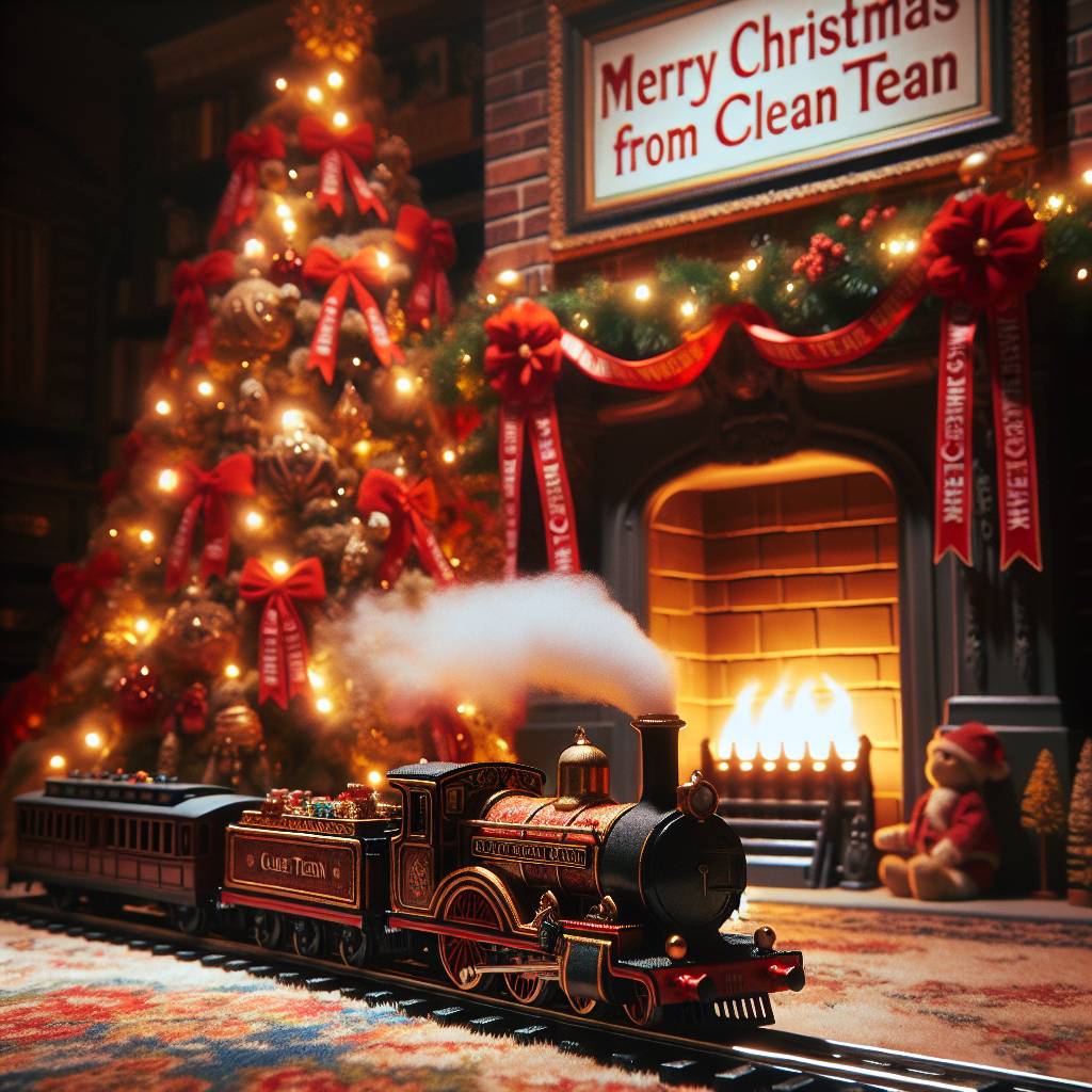 4) Christmas AI Generated Card - Victorian Christmas Tree, Red Ribbon with "Merry Christmas from Crewe Clean Team" written on it, and Toy train (8d667)})