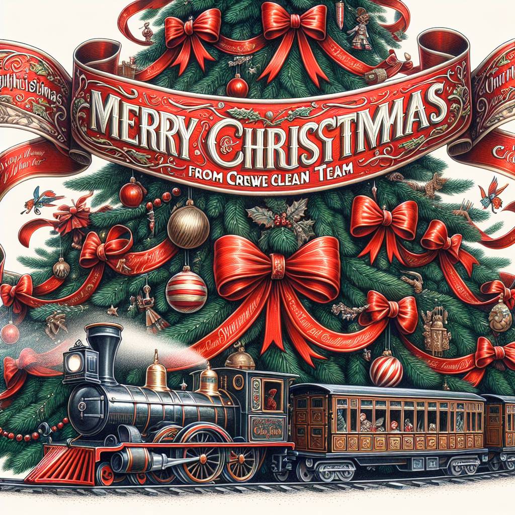 1) Christmas AI Generated Card - Victorian Christmas Tree, Red Ribbon with "Merry Christmas from Crewe Clean Team" written on it, and Toy train (a5b39)})