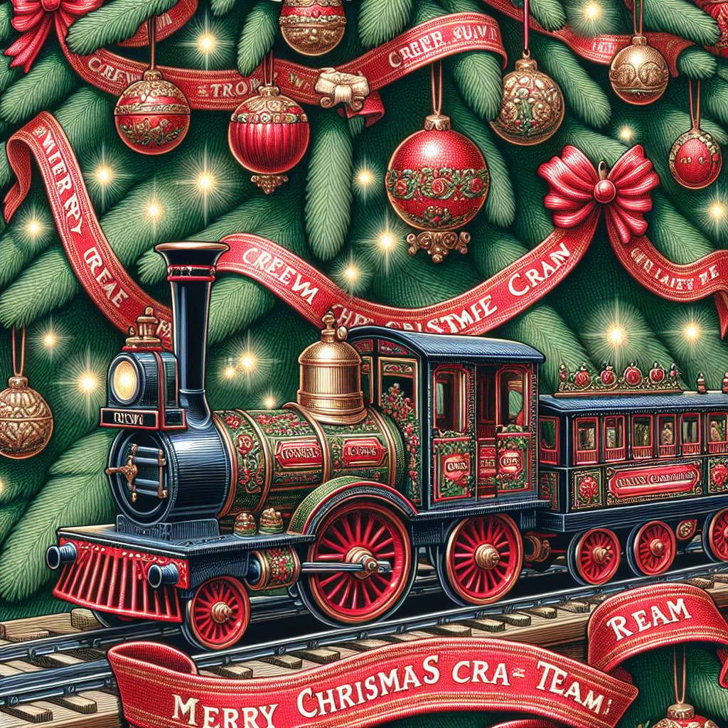 3) Christmas AI Generated Card - Victorian Christmas Tree, Red Ribbon with "Merry Christmas from Crewe Clean Team" written on it, and Toy train (c32e9)})