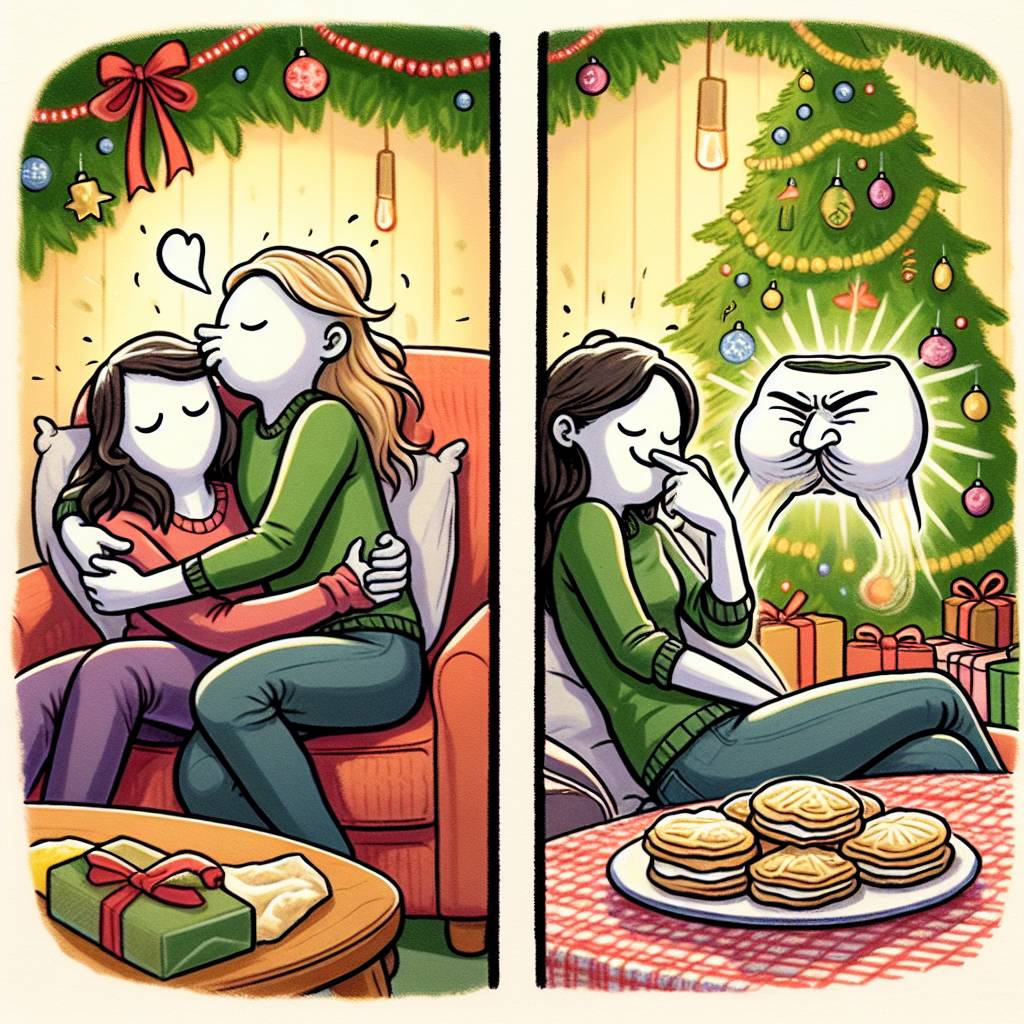1) Christmas AI Generated Card - Isidora, Nico, Having a daytime nap together, Kissing and hugging, Giving presents, Eating alfajores, and Farting (4d3da)