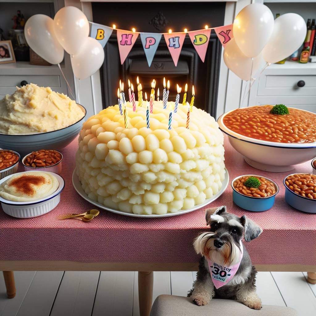2) Birthday AI Generated Card - Baked beans, Mashed potatoes , and Mini Schnauzer  (3bad2)