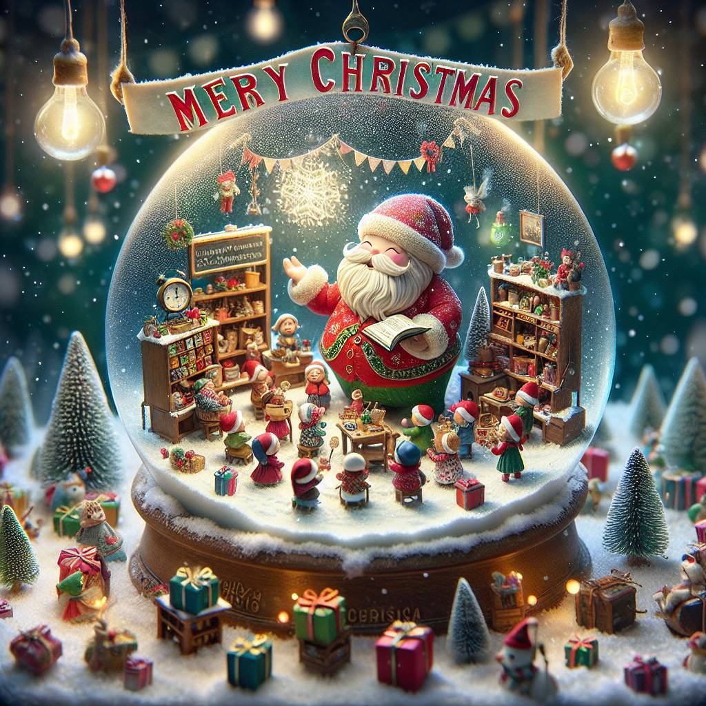 1) Christmas AI Generated Card - a snowglobe with santa teaching a class inside. There is snow and presents and holiday cheer (bdf85)