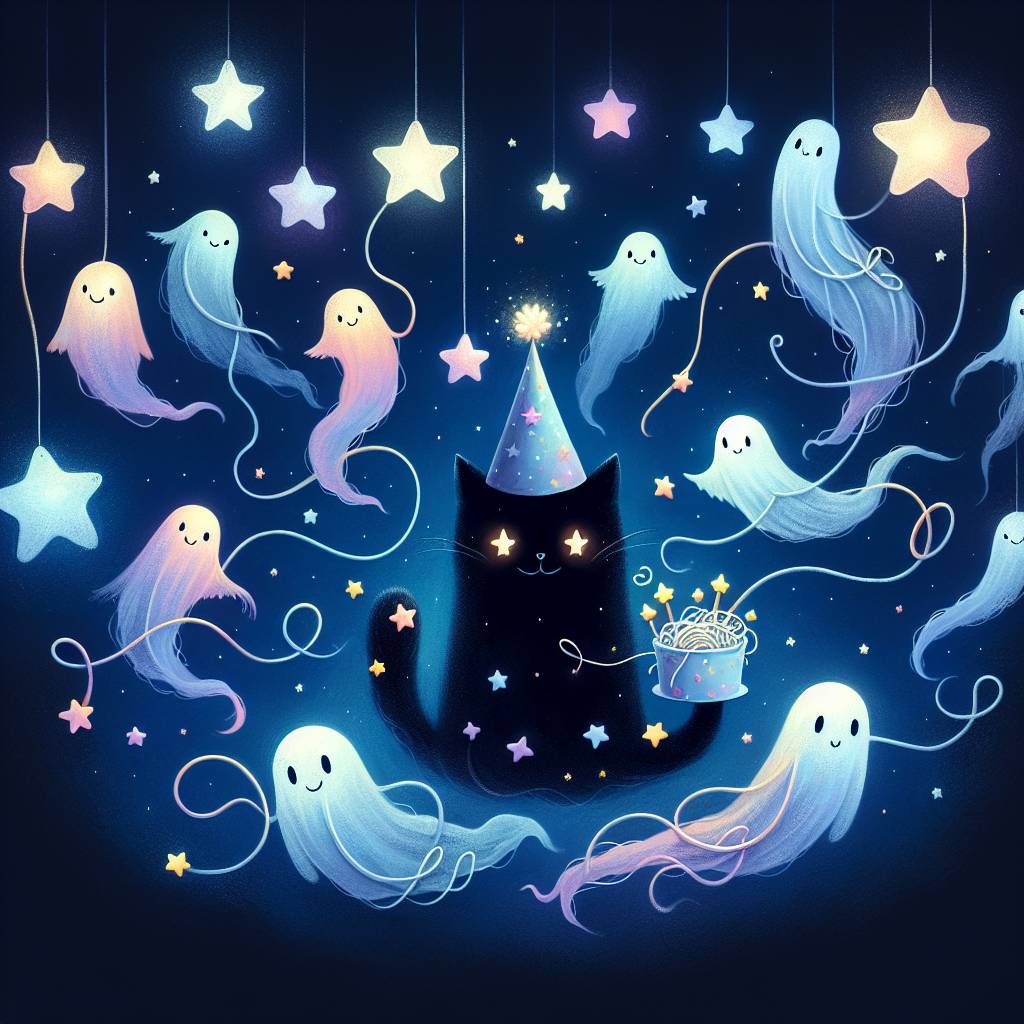 2) Birthday AI Generated Card - Black cat , Stars, Ghosts, and Noodles (c9d85)