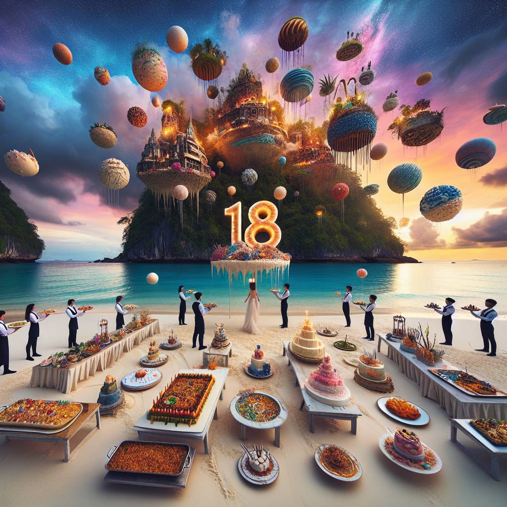 1) Birthday AI Generated Card - 18, Fashion, Thailand, Special fried rice, Sweets, Cakes, and Beach (877b0)