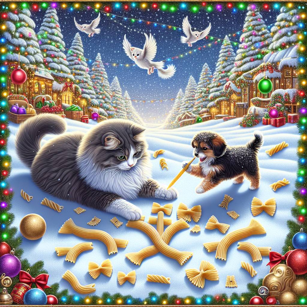 1) Christmas AI Generated Card - Grey and white cat, Black and brown small dog, and Pasta