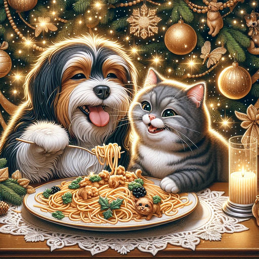 3) Christmas AI Generated Card - Grey and white cat, Black and brown small dog, and Pasta