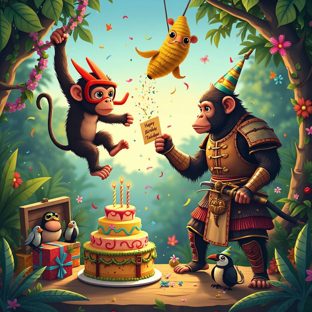 1) Birthday AI Generated Card - Monkey, Snorkel, and Samurai (92289)