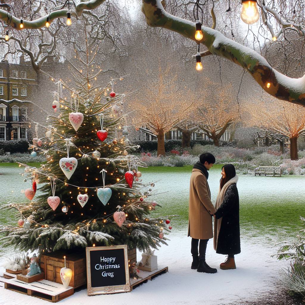 2) Anniversary AI Generated Card - Christmas wedding, Snow scene, Christmas tree, London, and Heart (e6901)