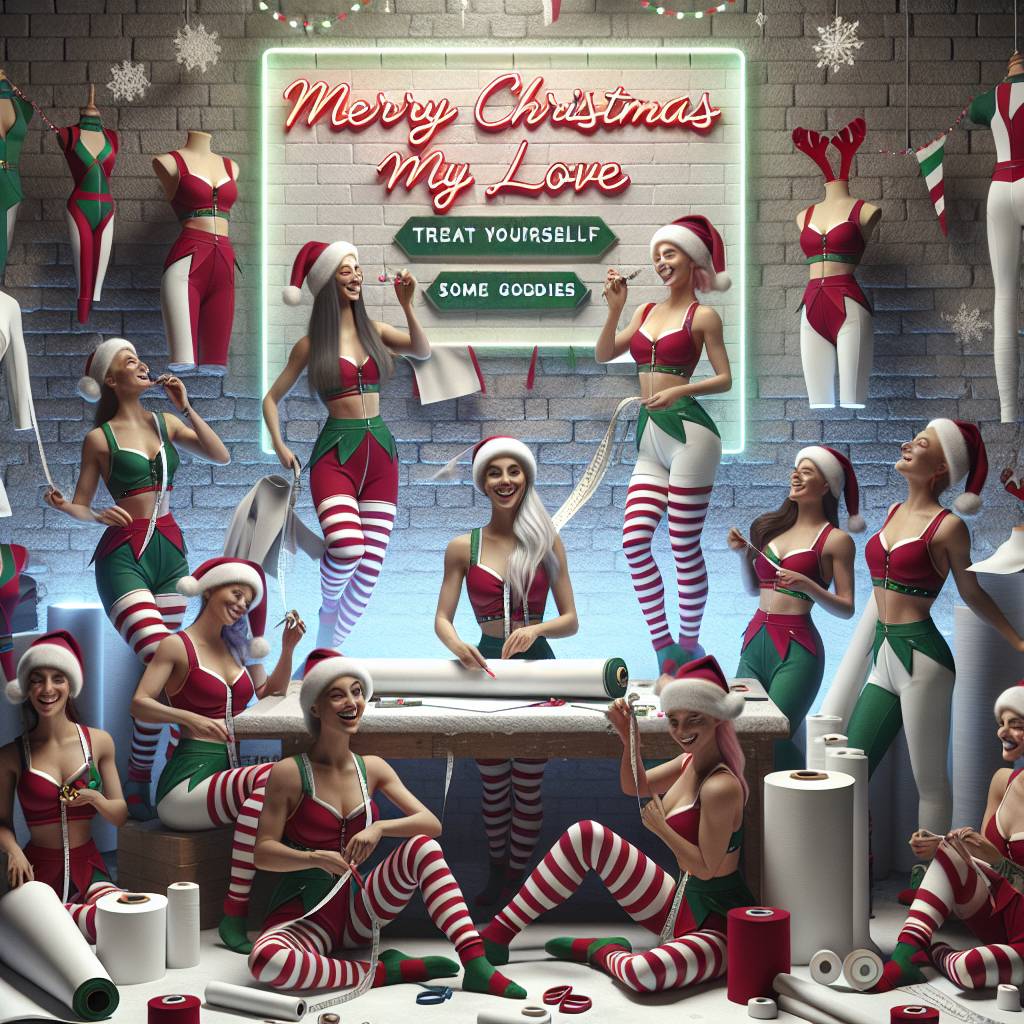 1) Christmas AI Generated Card - Santas elf's making woman's sportswear (446d2)