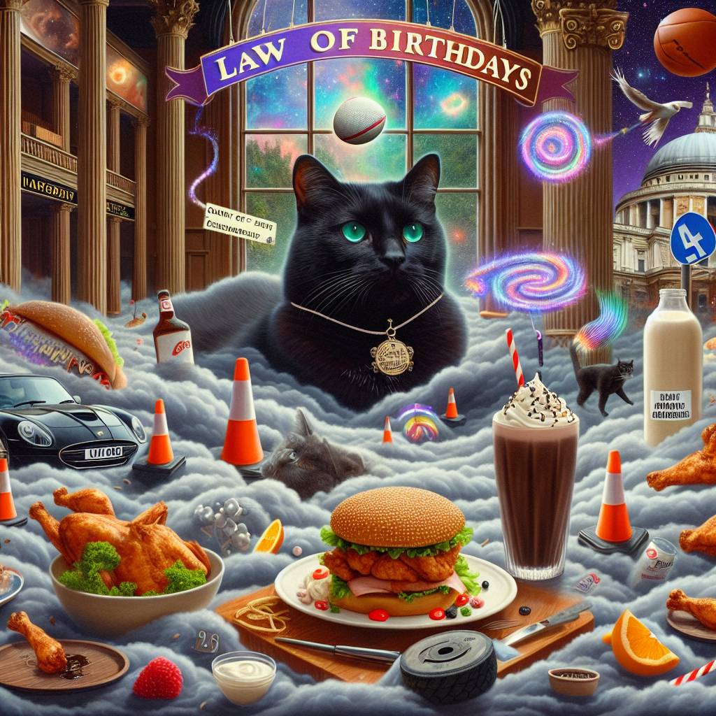 1) Birthday AI Generated Card - Black cat, Rugby, Law, Learner driver, Chocolate milkshake, Nandos, Gym, and Meal deal (e7742)