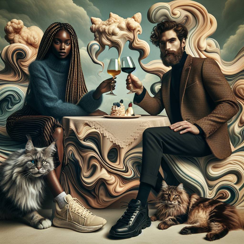 2) Valentines-day AI Generated Card - Medium brown black woman with braids, Caucasian man with Dark hair and dark beard blue eyes, Maine coon hairy cat, Sneakers, air jordan, and Food (88f8e)