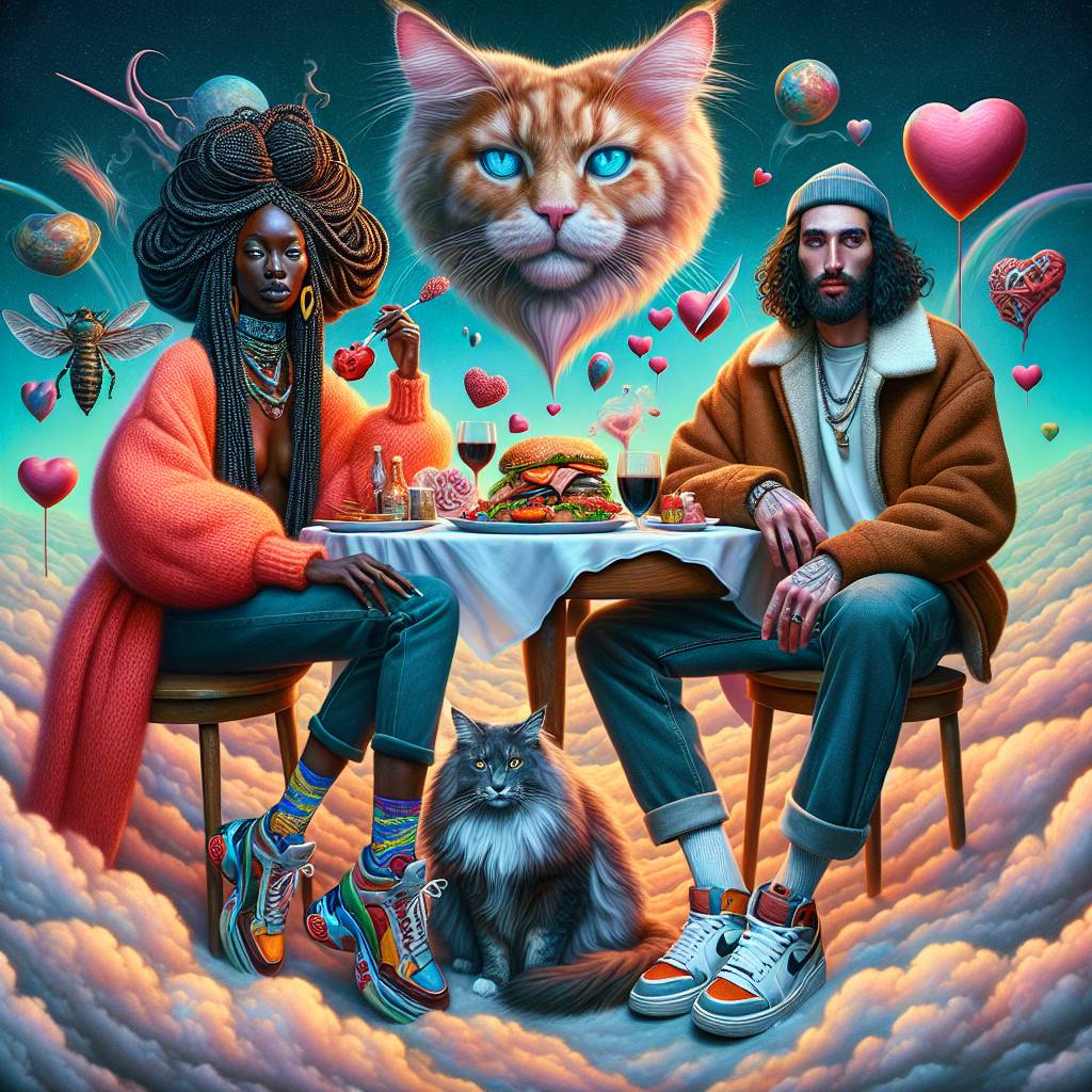 1) Valentines-day AI Generated Card - Medium brown black woman with braids, Caucasian man with Dark hair and dark beard blue eyes, Maine coon hairy cat, Sneakers, air jordan, and Food (4d4c2)