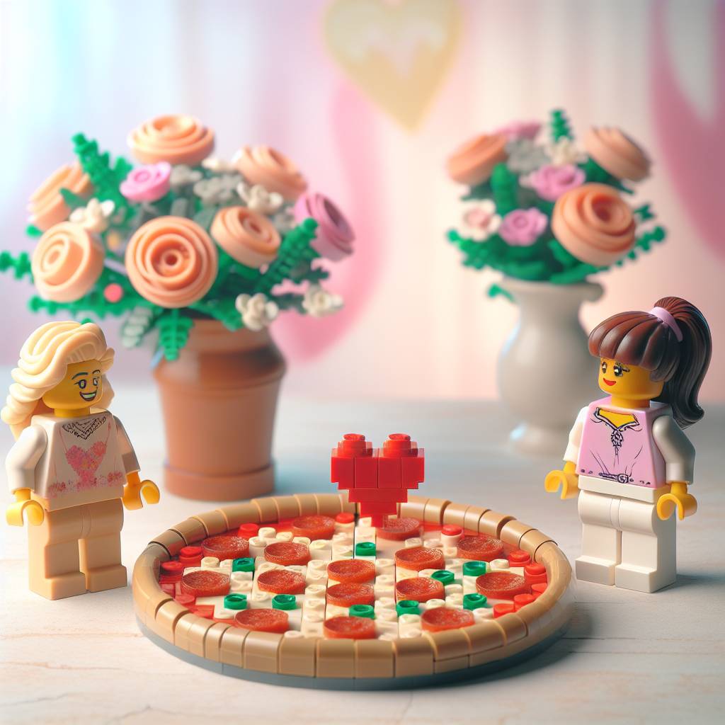 1) Valentines-day AI Generated Card - Pepperoni pizza made from lego, One blonde lego female smiling, One brunette lego female with ponytail, and Pastel lego flowers in the background (7124e)