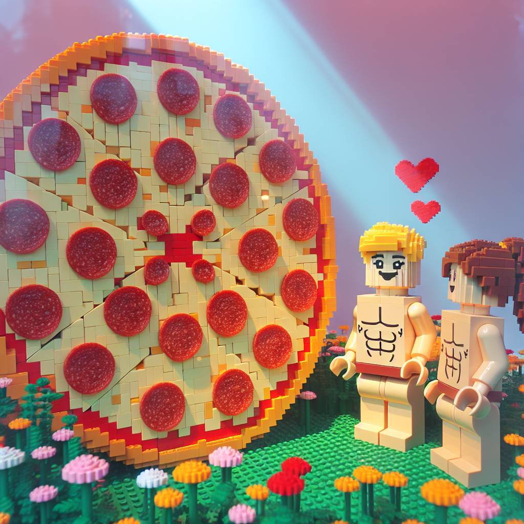 2) Valentines-day AI Generated Card - Pepperoni pizza made from lego, One blonde lego female smiling, One brunette lego female with ponytail, and Pastel lego flowers in the background (cbebb)