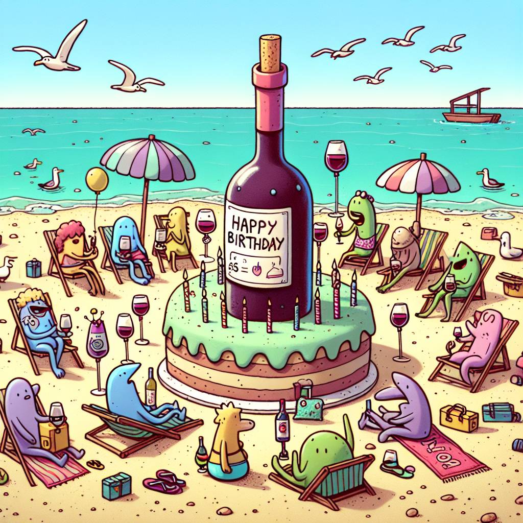 2) Birthday AI Generated Card - Beach, and Wine (a2a85)