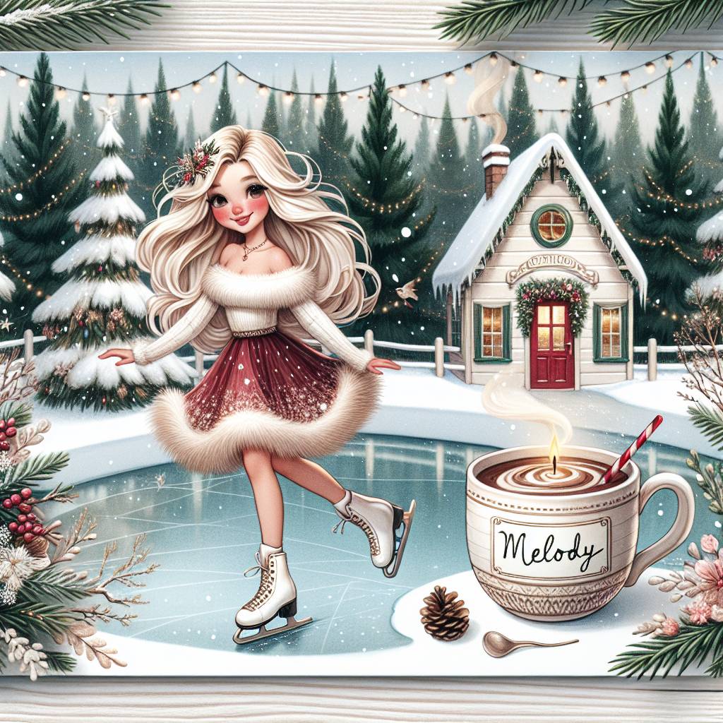2) Birthday AI Generated Card - Fir trees, Snow, White wooden cottage with red door, Frozen pond, Lady shoulder length ash blonde hair ice skating, and Cup of hot chocolate with the name MELODY on it (3f78d)
