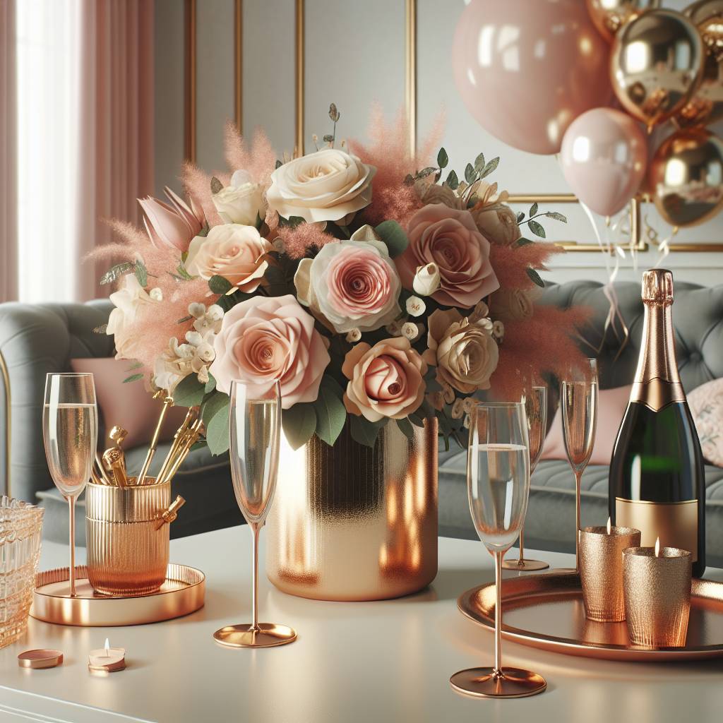 2) Birthday AI Generated Card - Rose gold, Roses, Flowers, Bouquet, Champagne , Champagne flute, Pink, and Gold (36927)