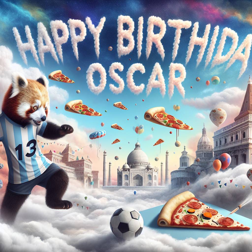 1) Birthday AI Generated Card - Red Panda playing soccer, Napoli, SSC Napoli, 13th birthday Oscar, SSC Napoli, 13th birthday Oscar, Pizza , and Napoli (ba79a)