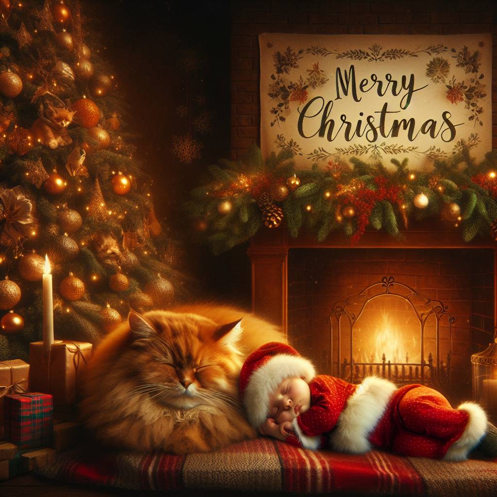 1) Christmas AI Generated Card - Cat called birdy/ baby called jean (5ca50)