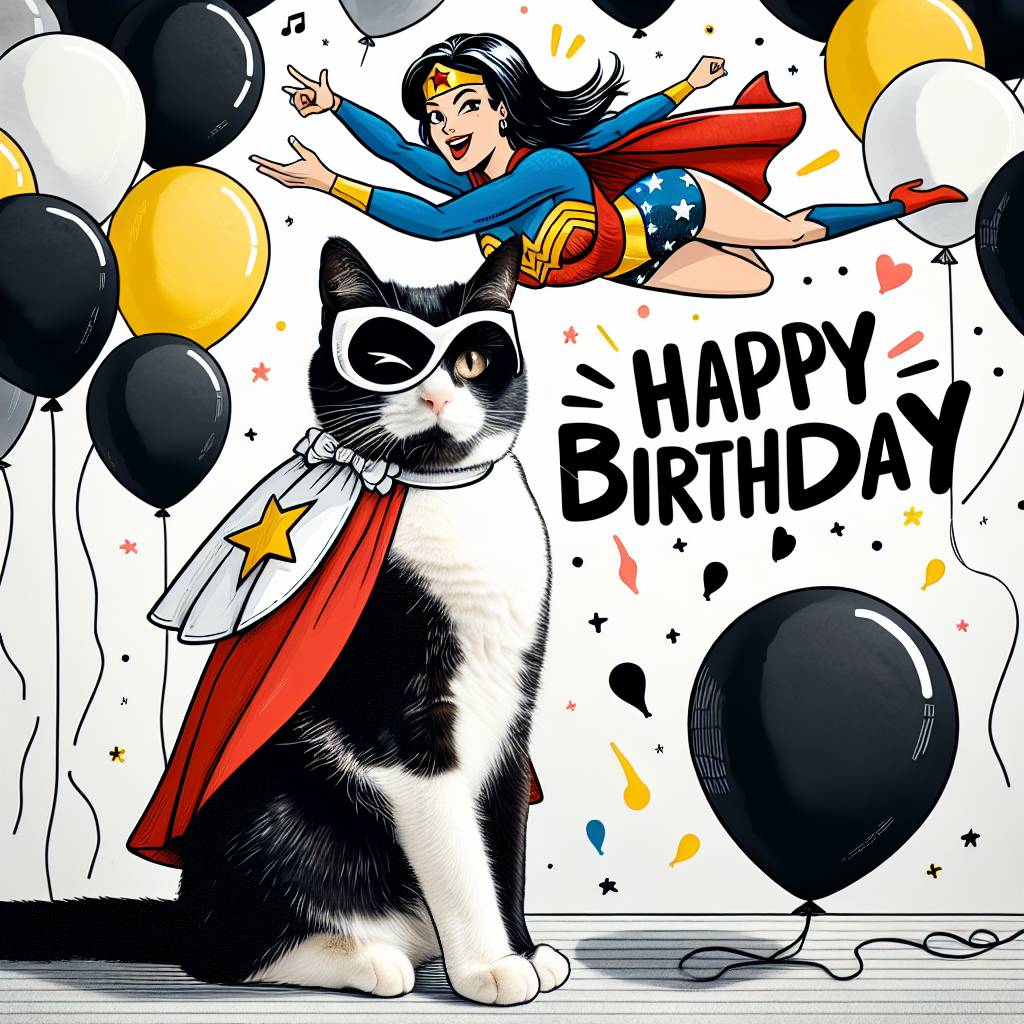 2) Birthday AI Generated Card - Captain Marvel, and Black and white cat (1758e)