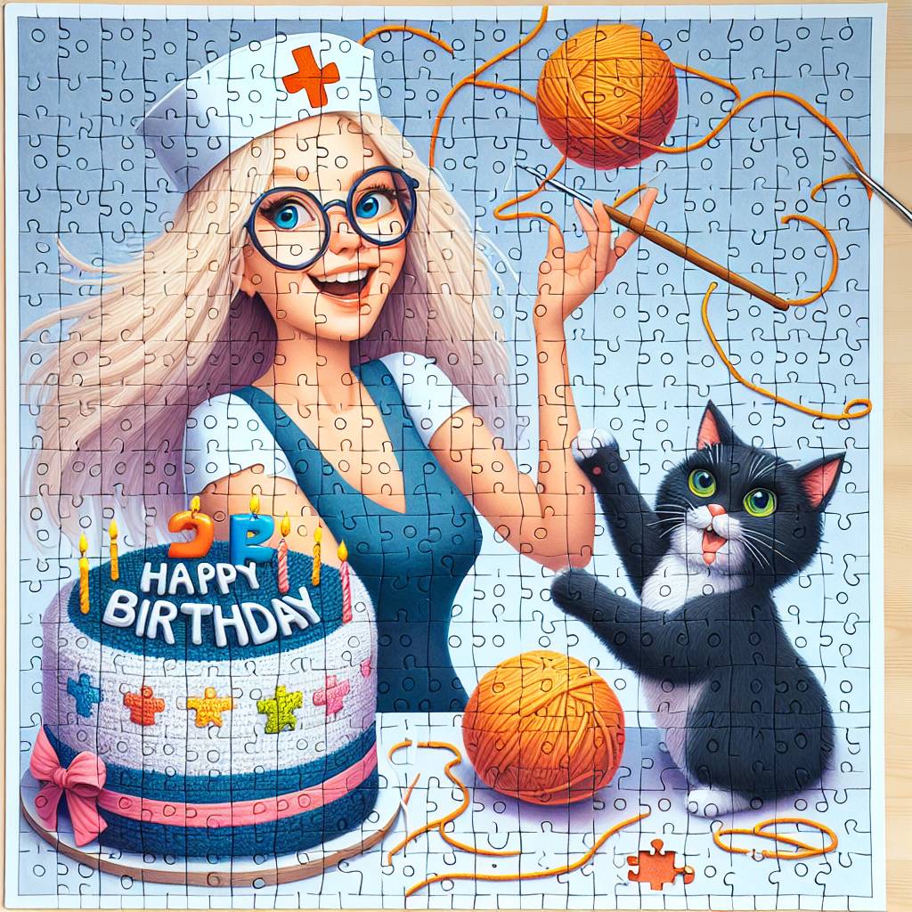 1) Birthday AI Generated Card - Blonde adult female wearing glasses , Jet black cat with green eyes , Crochet, Jigsaw, and Nursing job (7989a)