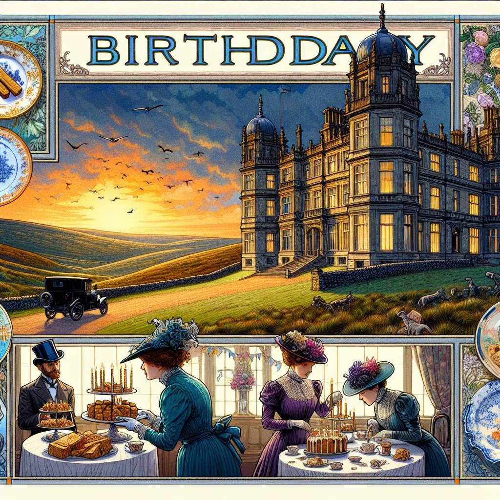 1) Birthday AI Generated Card - Downton abbey, Dystopia, Moors, Sunset, Biscuits, Baking, and Blue and white pottery (ea926)