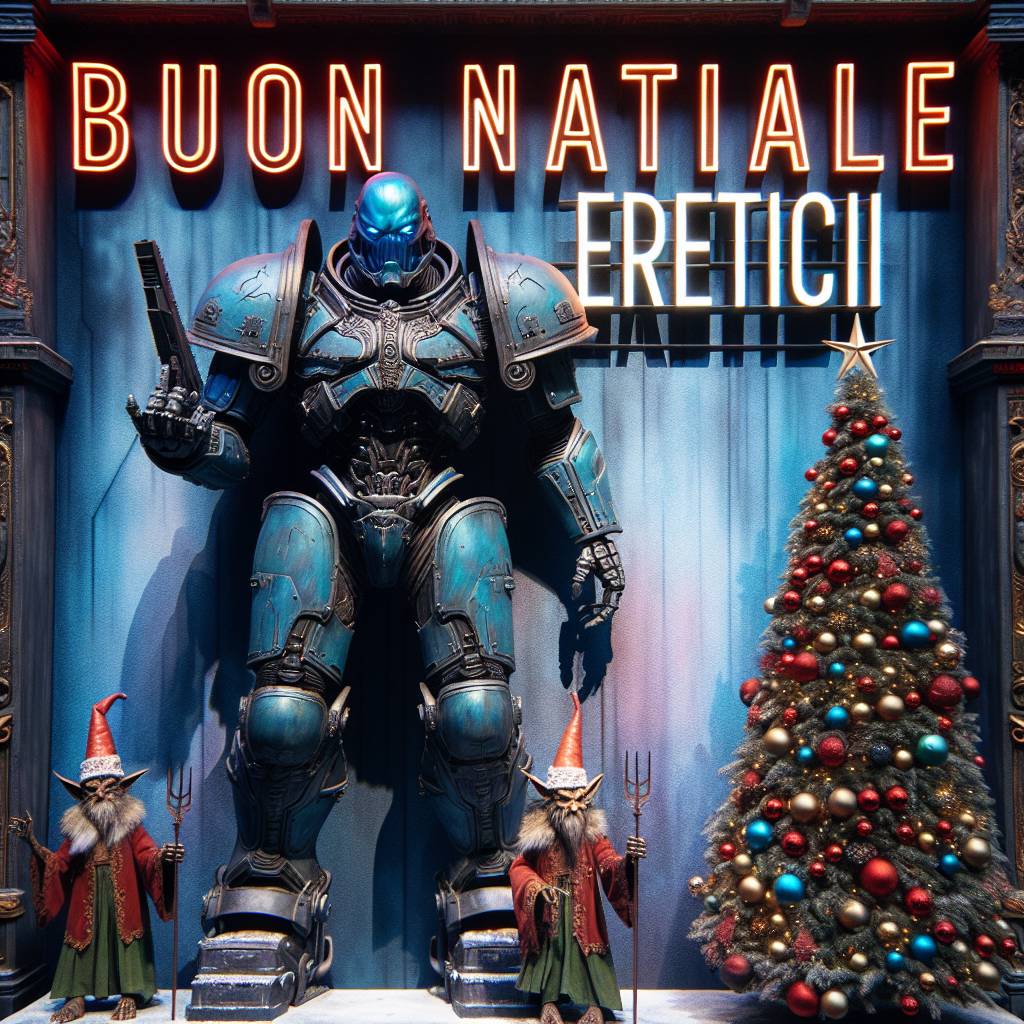 3) Christmas AI Generated Card - warhammer 40k ultramarine saying "buon natale eretici" next to a christmas tree with some dead santa's elves next to him (6927a)