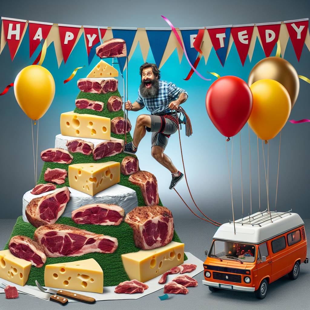 1) Birthday AI Generated Card - Long bearded man, Rock climbing, Mountains of cheese and steak, and Camper van (d11da)