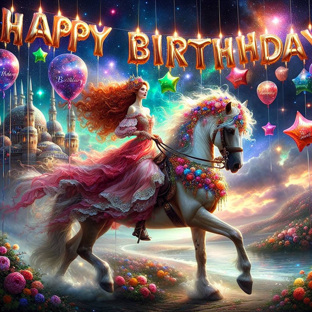 2) Birthday AI Generated Card - A fantasy scene where a beautiful young woman with long flowing bright red hair rides a majestic bay horse, Across a magical twilight sky with twinkling multi coloured stars, and Happy birthday is inscribed in star shaped balloons in a firework filled sky (272fd)