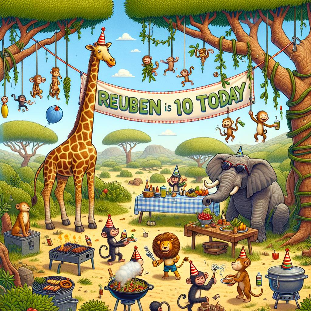 2) Birthday AI Generated Card - A humorous and lifelike birthday scene unfolds on the savannah, where a group of cartoonish animals has set up a safari picnic in honor of Reuben's 10th birthday. A giraffe wears a party hat awkwardly on its long neck, while a lion in sunglasses grills veggie skewers. A banner strung between acacia trees reads 'Reuben is 10 Today' with each letter playfully dangling from a vine. Cheeky monkeys serve fruit, and an elephant joins the party, playfully spurting water to keep everyone cool. (8e2a4)