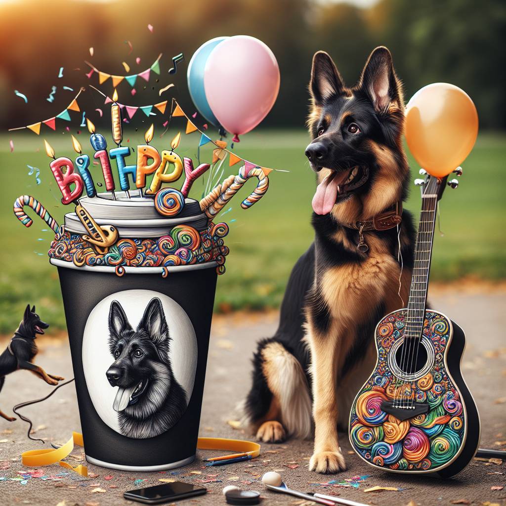 2) Birthday AI Generated Card - Black and tan German shepherd , Coffee, Guitar , and Running  (3a9f2)