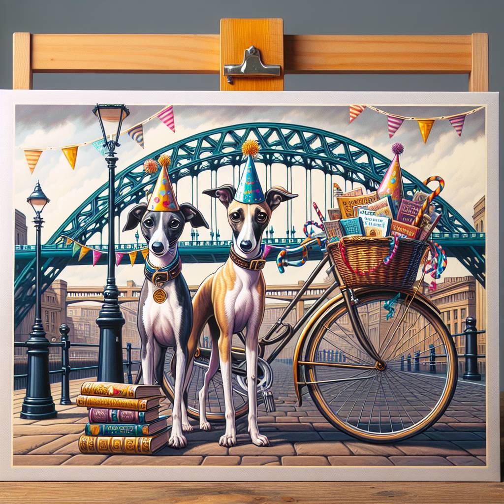 1) Birthday AI Generated Card - Whippets, Newcastle , Cycling, and Books (e80c3)