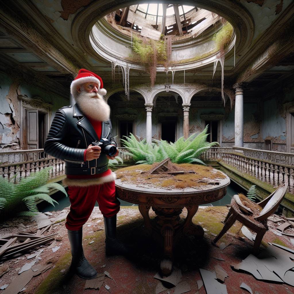 2) Christmas AI Generated Card - santa claus, urbex, with camera, dressed in black leather biker jacket and red trousers, in an abandoned ancient villa and hole in the ceiling, full of dust and cobwebs with mold on the walls and ferns on a broken wooden table (5f028)