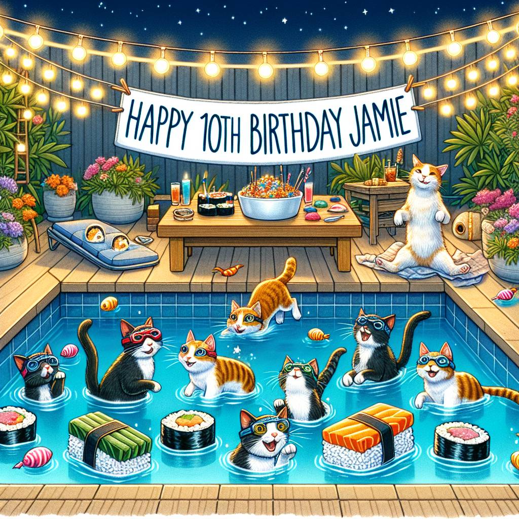 3) Birthday AI Generated Card - Cats, Swimming, and Food (83e40)