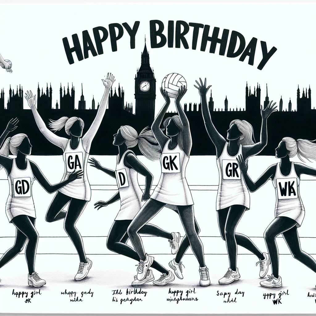 1) Birthday AI Generated Card - 7 white female netball players are playing a match of netball, The players are wearing bibs indicating a different netball position: GA, GD, GK, GS, C, WD, WA, It’s the birthday of the player wearing the GK bib, The card says ‘Happy Birthday Jayla’, and London skyline in the background (2746c)