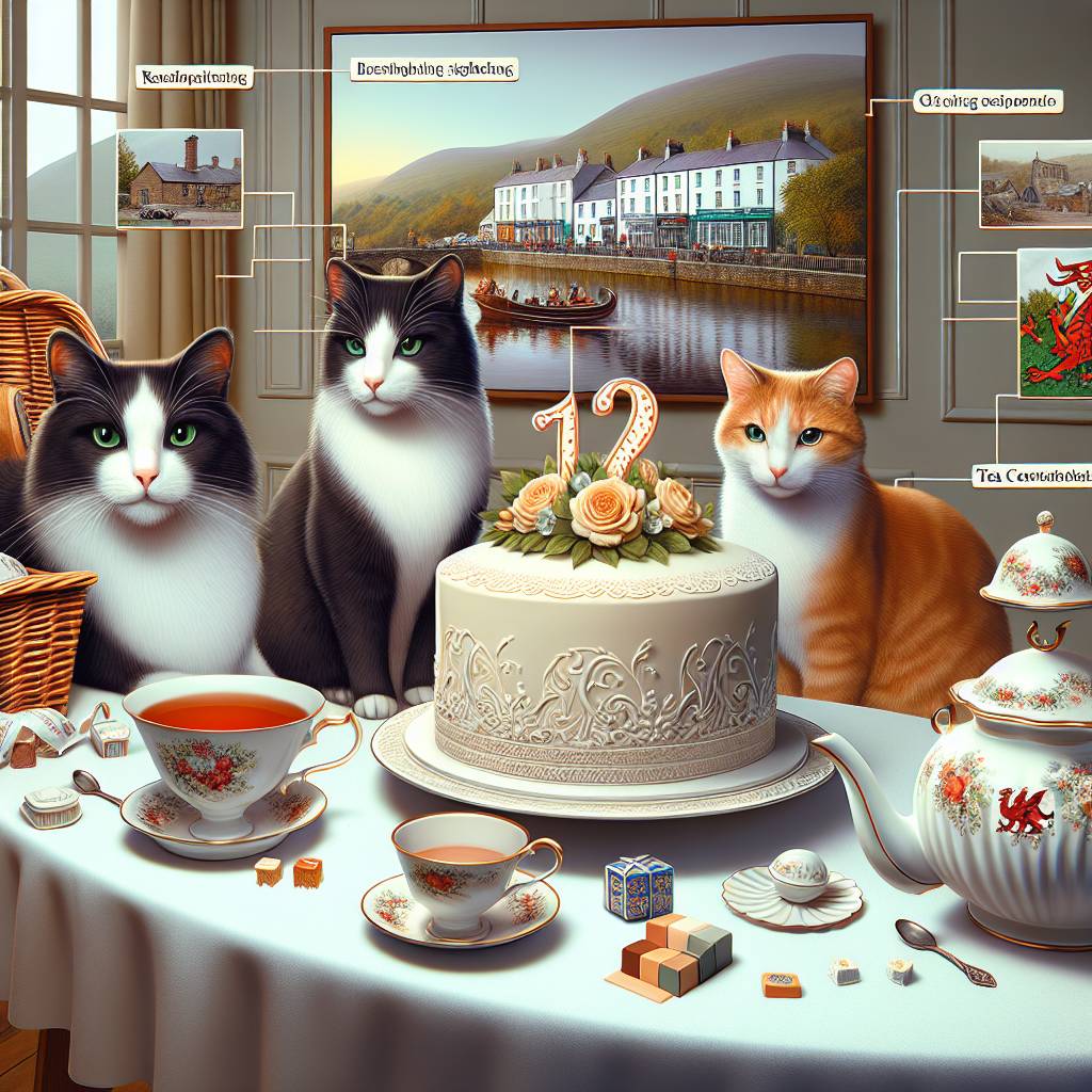 2) Birthday AI Generated Card - Black and white cat, All ginger cat , White cat with spots, Cake , Tea, and Wales (b7aa8)
