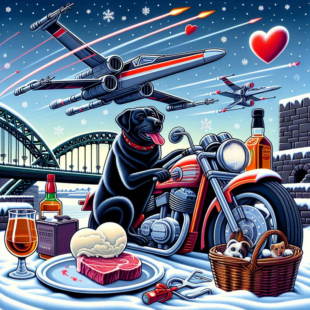 2) Valentines-day AI Generated Card - Black Labrador riding a sports motorbike, Tyne bridge, Star Wars X wing fighter, Whiskey, Snow, Vanilla ice cream, and Heart shaped steak (62e09)