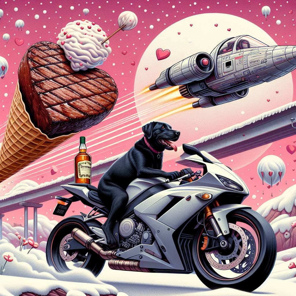 1) Valentines-day AI Generated Card - Black Labrador riding a sports motorbike, Tyne bridge, Star Wars X wing fighter, Whiskey, Snow, Vanilla ice cream, and Heart shaped steak (9f4f7)